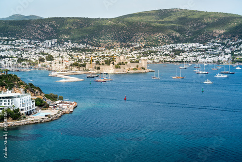 Bodrum marina, famous, historical Bodrum Castle and city general view. Mugla TURKEY