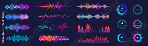 Sound waves equalizer collection in futuristic colors. Frequency audio waveform, music wave, circle bar, voice graph signal in HUD style. Set Audio waves. Microphone voice and sound recognition.
