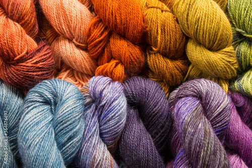 Colorful, hand dyed wool yarn for sale at a local farmers market in Seattle, WA 