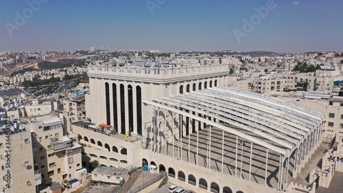 Jerusalem Belz Great Synagogue in Romema neighbourhood, Aerial jewish orthodox neighbourhood, July,2020 
