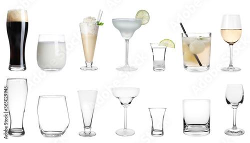 Collage with full and empty glasses on white background