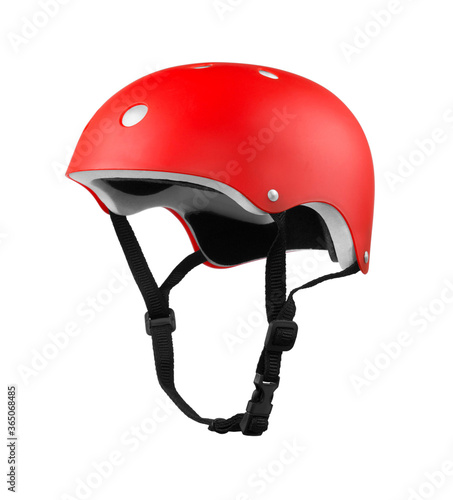 Red bicycle helmet on white background