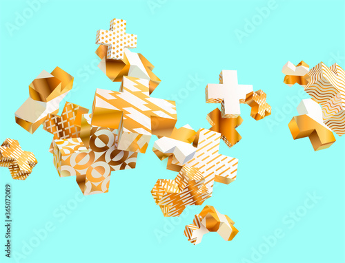 Golden 3d plus sign. Abstract composition