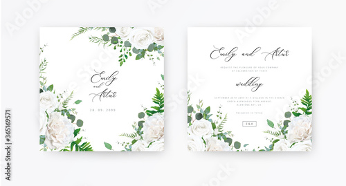 Wedding invite, invitation, save the date card set. Vector floral frame design: ivory white peony Rose flowers, Eucalyptus branch, greenery and forest fern leaves illustration. Elegant rustic template