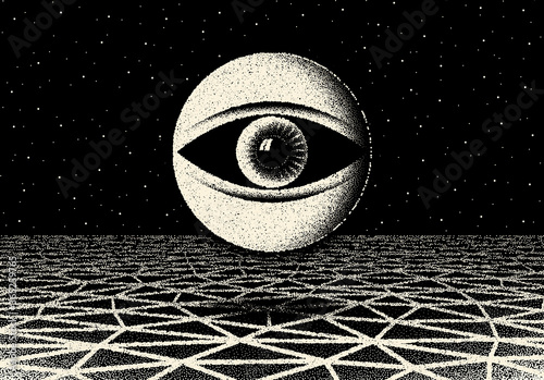 Retro dotwork landscape with 60s or 80s styled alien robotic space eye over the desert planet on the background with old sci-fi style