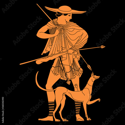 Ancient Greek young hunter with dog. Vase painting motif. Actaeon or Adonis.