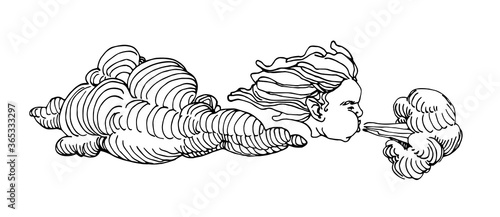 wind & weather God Zephyr in a cloud, a mythological character, ornament element, vector illustration with black ink lines isolated on a white background in a doodle & hand drawn style 