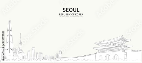 Seoul cityscape line vector. sketch style south korea landmark illustration 