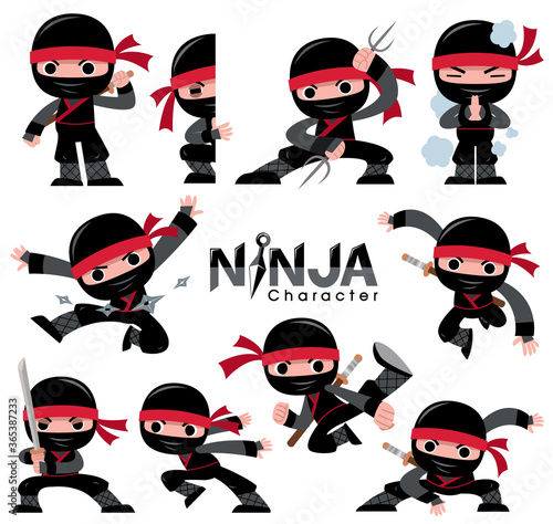Vector illustration of Cartoon Ninja character set. fighting poses