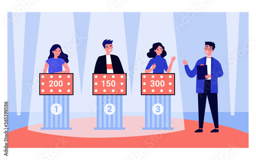 Young people playing television quiz game with showman isolated flat vector illustration. Cartoon participant of TV program answering questions. Puzzle, competition and show concept