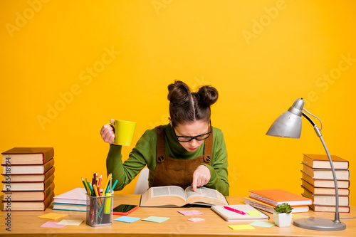 Portrait of her she attractive focused knowledgeable brainy diligent girl nerd reading book finding solution drinking caffeine isolated bright vivid shine vibrant yellow color background