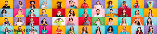 Photo collage of group of glad cheerful excited astonished funky scared surprised people person youngsters children having bright facial expressions isolated over multicolored background