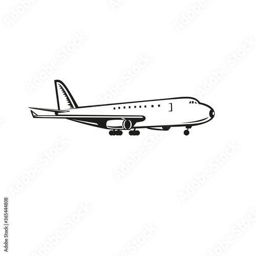 Commercial Jumbo Jet Plane Airliner Landing Side Retro Black and White