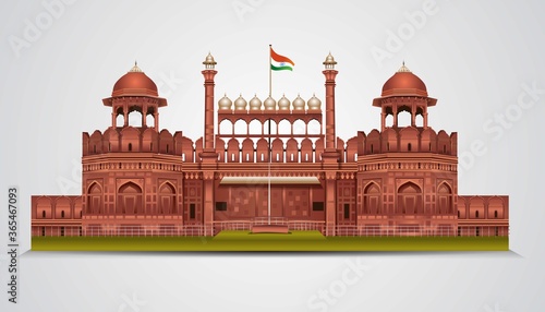 Red Fort in New Dehli, India. stylish historic sight showplace attraction vector illustration.World Heritage Site.