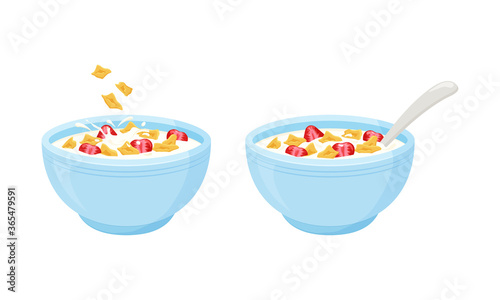 Cereal flake milk breakfast. Rolled oats bowl with strawberry. Oatmeal breakfast cup. Vector illustration