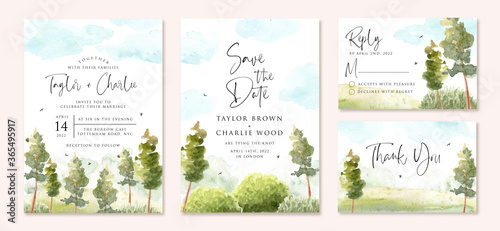 wedding invitation set with green landscape and blue sky watercolor