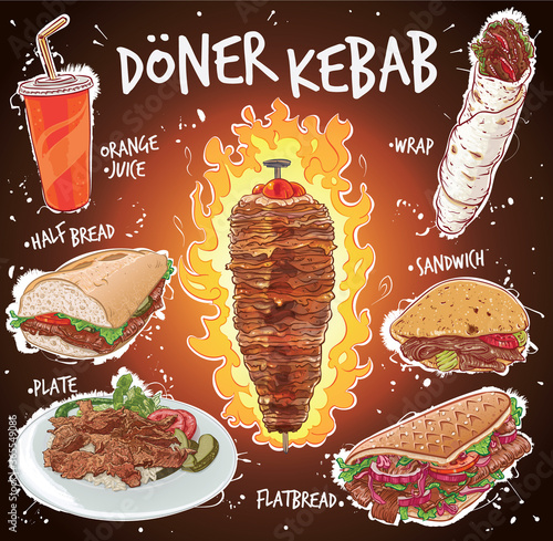 Hand drawn vector illustration set of doner kebabs varieties.