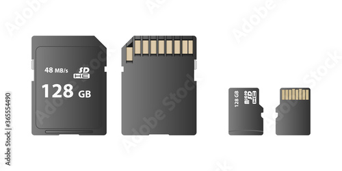 Memory card, SD card and micro SD card isolated on white background, front and back view, vector illustration