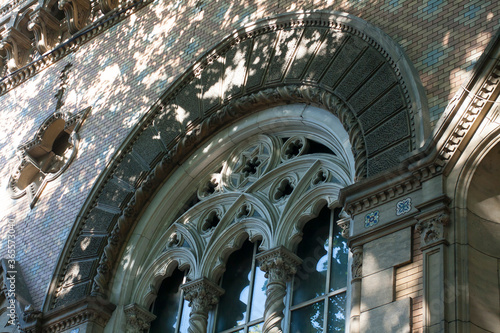 Star of David at the old synagogue in Odessa, Ukraine. Secession Architecture. Window in the synagogue