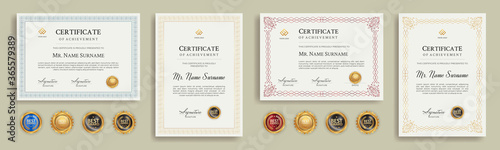 Diploma certificate border template set with badges for award, business, and education