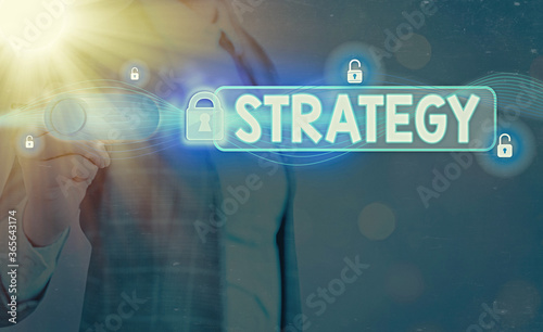 Word writing text Strategy. Business photo showcasing action plan or strategy designed to achieve an overall goal Graphics padlock for web data information security application system