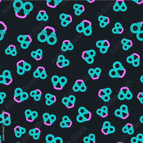 Line Sexy fluffy handcuffs icon isolated seamless pattern on black background. Fetish accessory. Sex shop stuff for sadist and masochist. Vector Illustration.