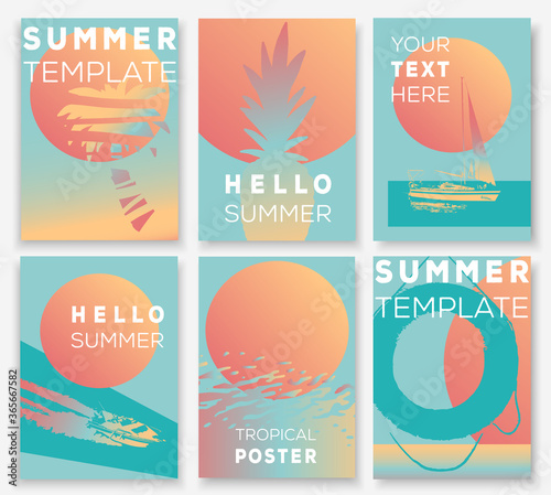 Poster templates set collection. Vector bright summertime poster. Tropical paradise. Hello summer card.