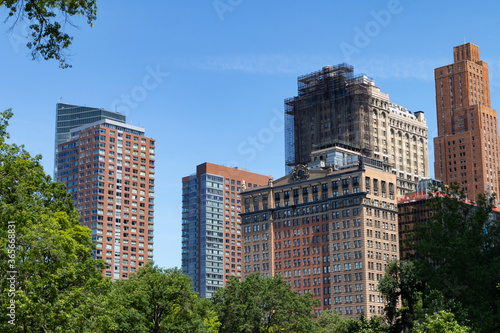 Lower Manhattan Skyscrapers seen from The Battery Park with Green Plants and Trees during Summer
