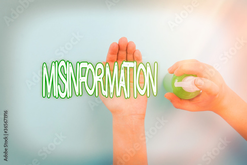 Handwriting text Misinformation. Conceptual photo false data, in particular, intended intentionally to deceive Handwashing procedures for decontamination and minimizing bacterial growth