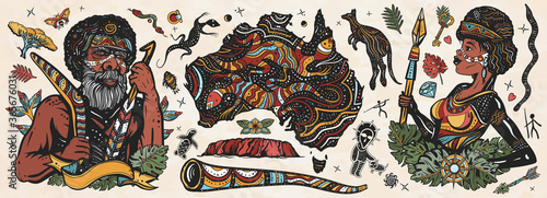 Australia. Old school tattoo vector collection. Ethnic Australian woman in traditional costume. Aboriginal tribes bushmen. Boomerang, kangaroo, didgeridoo, map. Tradition, people, culture