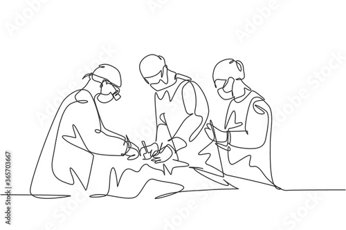 Single continuous single line drawing group of team surgeon doctor doing surgery operation to the patient with critical condition. Operating surgery concept one line draw design vector illustration