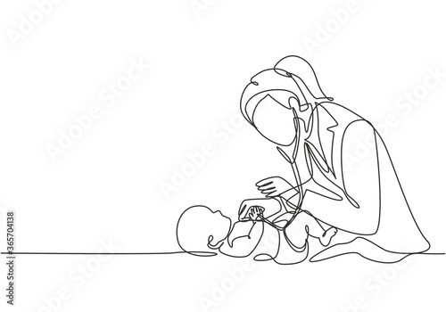 One single line drawing of young female pediatric doctor examining baby health condition and check the heart beat. Medical health care service concept continuous line draw design vector illustration