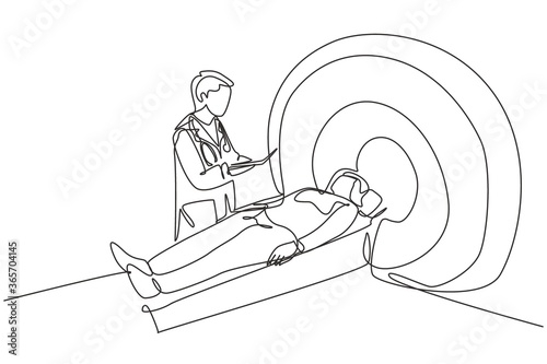 Single continuous line drawing of young male doctor do MRI procedure to the patient who suffered stroke brain damage. Medical treatment service concept one line draw design vector illustration