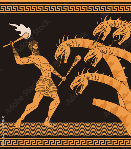 black and orange ceramic with hercules fighting the hydra