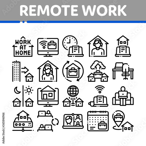 Remote Work Freelance Collection Icons Set Vector. Work At Home, Internet Job And Online Consultation Operator, Teleworking And Conference Concept Linear Pictograms. Contour Illustrations