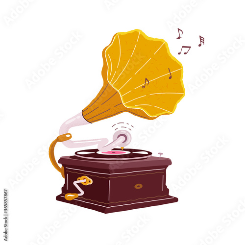 Old gramophone isolated on a white background. Vector flat illustration. Playing music. 