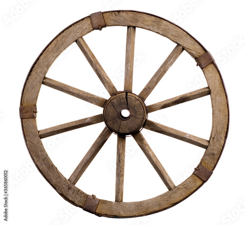 Old wagon wheel on a white background