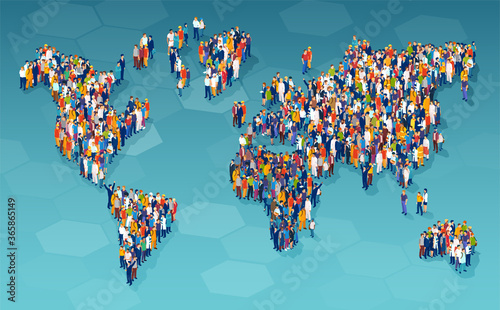 Vector of a large group of diverse people standing on a world map