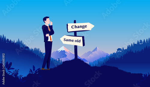 Change or same old - Man contemplating by signpost pointing in different directions. Life change, self improvement and new beginnings concept. Vector illustration.