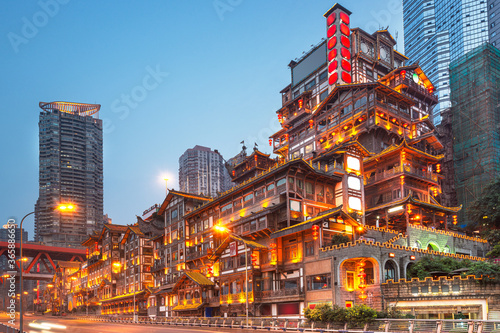 Chongqing, China at Hongyadong at Twilight