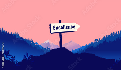 Excellence sign in nature pointing the way to become excellent. Forest, mountain and landscape in background. Vector illustration.