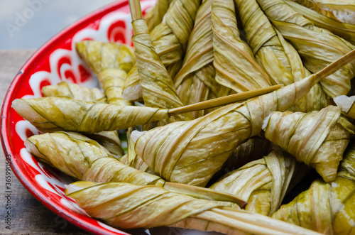 Sweet Sticky Rice (or "Khao Tom Luk Yon" in Thai name) is a Traditional Thai Dessert.