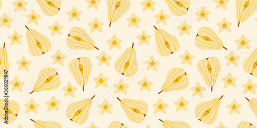 Seamless pattern with juicy pears. Cute delicate pattern. Brown fruits and beige stars. Stylish modern illustration for designs and prints. Repeating background.