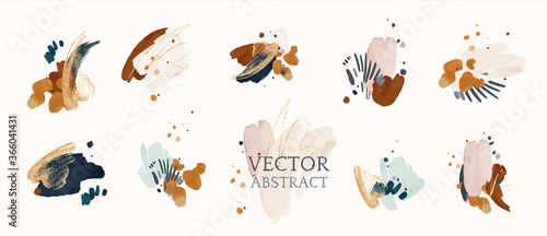 Set abstract shapes, splash gold. watercolor concept. Navy blue poster, invite. Vector decorative greeting or invitation design background