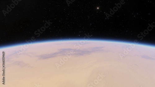 science fiction wallpaper, cosmic landscape, realistic exoplanet, beautiful alien planet in far space, detailed planet surface 3d render