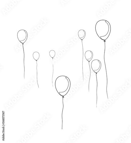 Continuous one line drawing. Abstract air balloons. Vector illustration. Air balloons. One line drawing of isolated vector object by hand on a white background. One line drawing balloons sketch