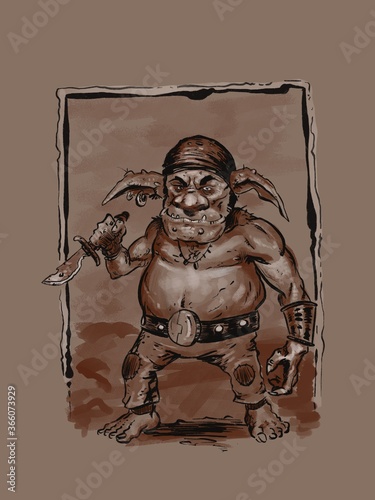 Digital pen and ink drawing of a goblin pirate with a dagger and bandana - digital fantasy illustration