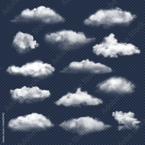 Clouds realistic. Nature sky weather symbols rain or snow cloud vector collection. Cloud and sky, cloudy meteorology, weather elements illustration