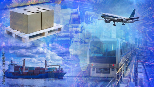 Cargo transportation. Airplane train and cargo ship are nearby. Logistic business. Cargo transportation services. Concept - choice of the transport method. Delivery of goods by rail. Import by sea.