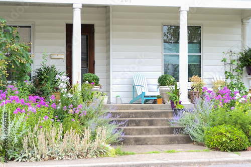 front porch with flower garden